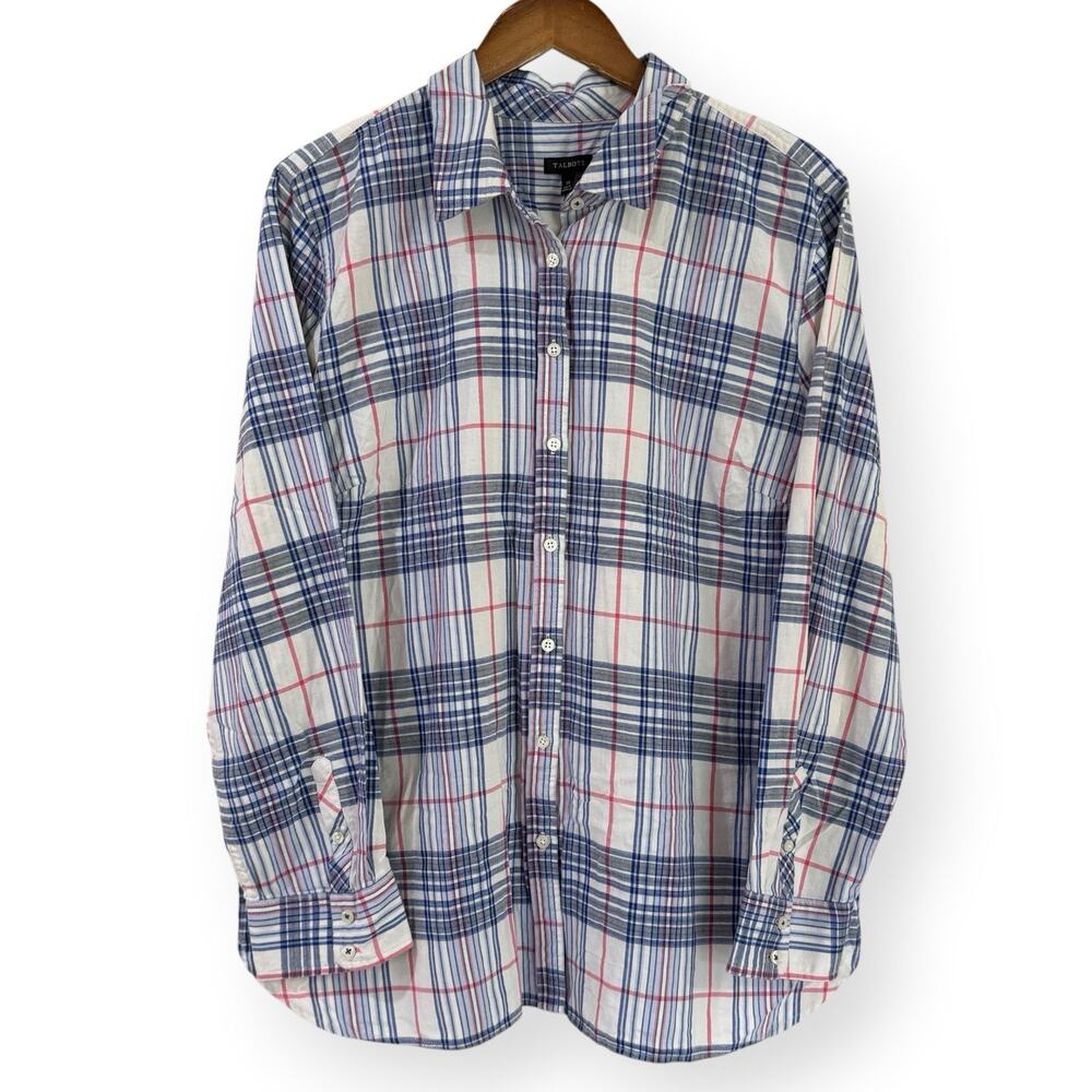NWT Talbots Plaid Shirt Womens XL White Blue Pink Cotton Long Sleeve Button Up